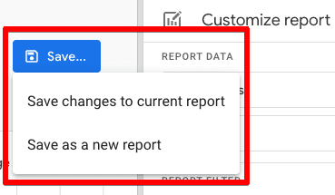 Report saving options after clicking the pencil icon on Pages and screens report