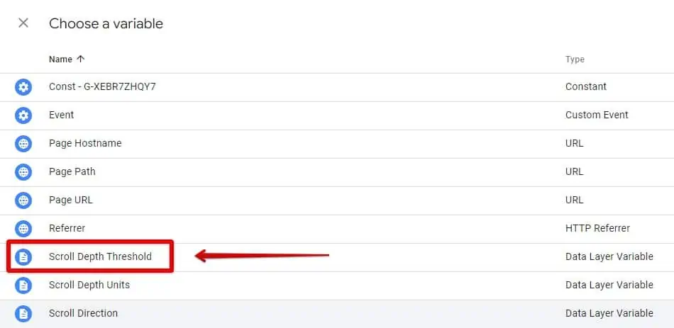 Selecting the scroll depth threshold variable in google tag manager