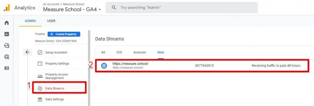 Selecting website property in data streams