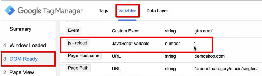 The DOM Ready in Variables section shows us statistics on JavaScript Variable as 1