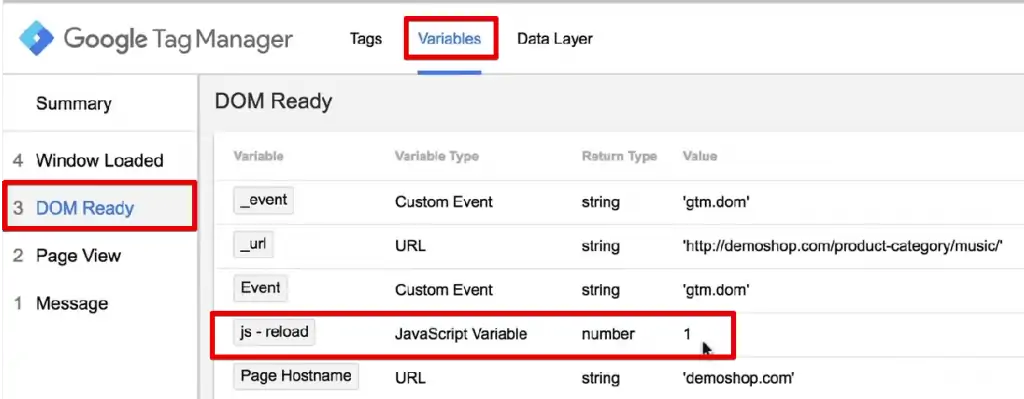 The DOM Ready in the Variables Section shows js reload data as 1 for a reloaded webpage