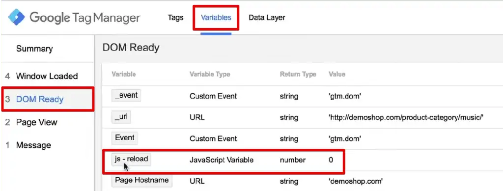 The DOM Ready in the Variables section shows the JavaScript Variable data as 0 for a webpage viewed for the first time