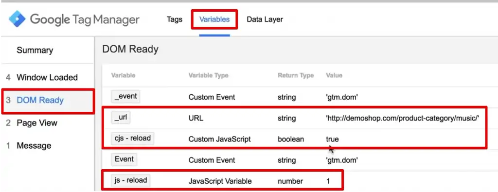 The Dom Ready in the Variables section shows the statistics for Custom JavaScript and JavaScript Variable when a page was reloaded