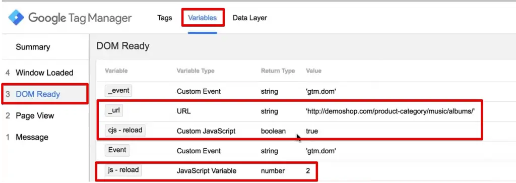 The Dom Ready in the Variables section shows the values of Custom JavaScript and JavaScript Variable