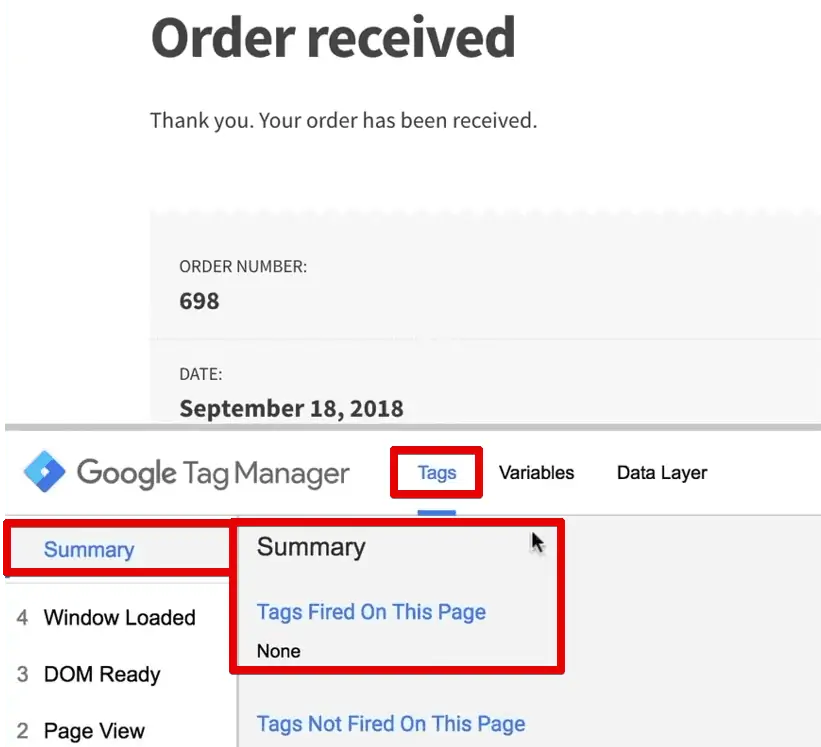 The Order received shows No tags fired for a reloaded webpage