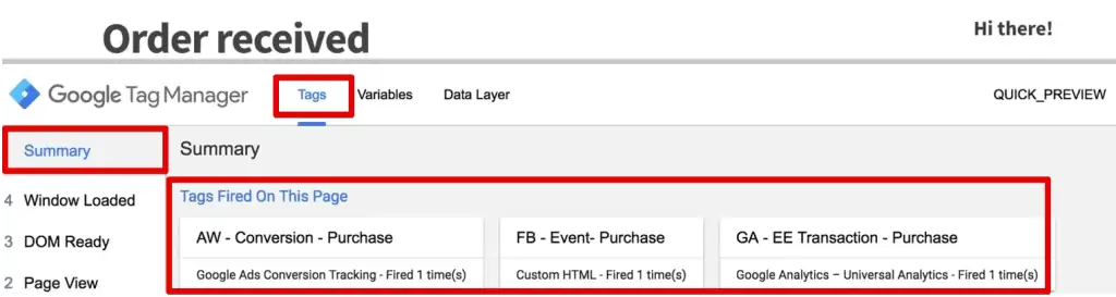 The Tag Manager shows a summary of tags fired on a webpage