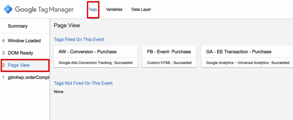 The Tags fired configuration for Page View event on Google Tag Manager