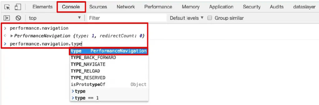 The console fills the code, while we choose the .type for PerformanceNavigation