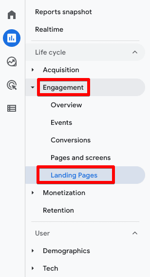 The final Landing Pages report under Engagement on the main navigation of Reports