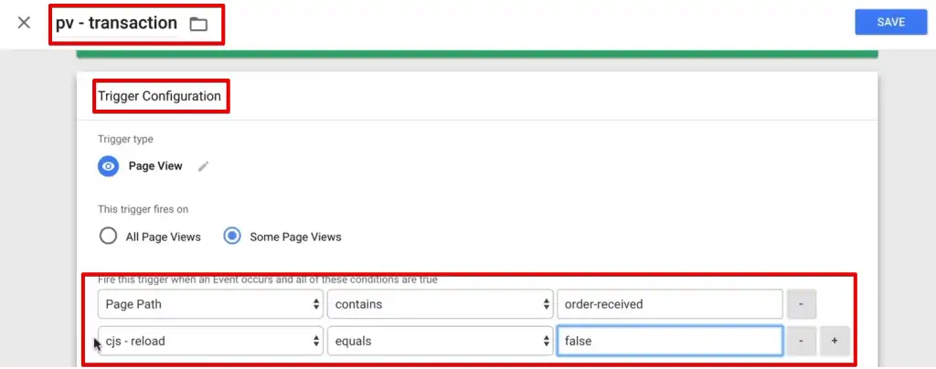 The page view tag with a trigger configuration to fire only when the two conditions of page path and Custom JavaScript are satisfied