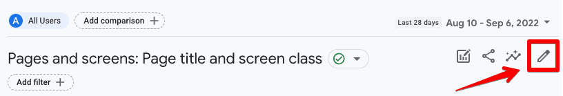 The pencil icon on Pages and screens report