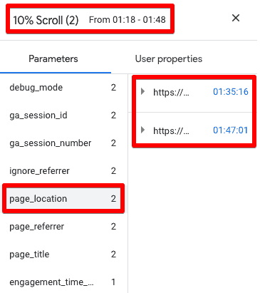 Viewing all the events of the selected event type with timestamps