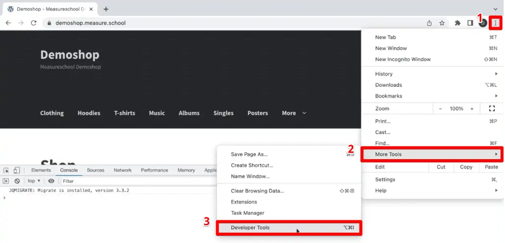 Accessing the browser developer tools