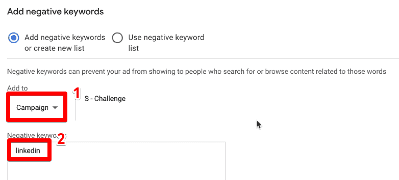Adding a LinkedIn negative keyword