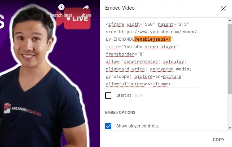 Adding the js API support to a YouTube video