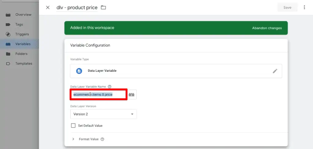 Copying the Data Layer variable name