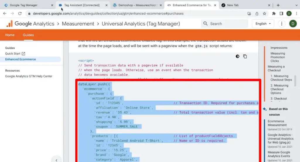 Enhanced eCommerce purchase tracking code