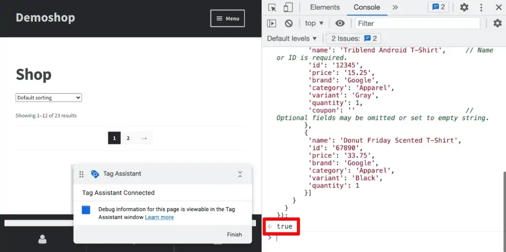 Enhanced eCommerce purchase tracking code returning true
