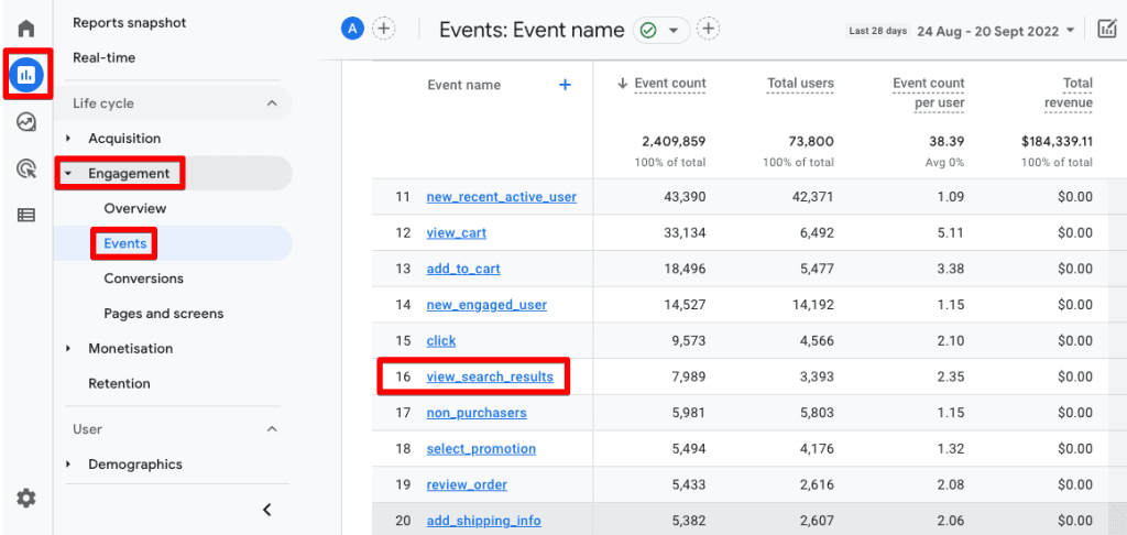 Events report under Engagement reports showing the view_search_results event