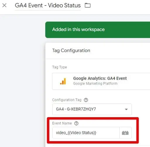 Example of the YouTube video status event name