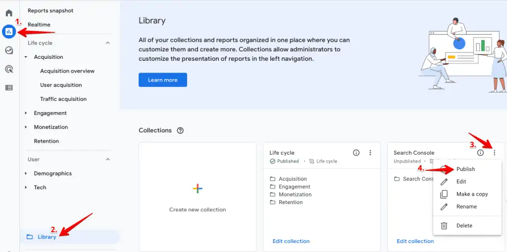 Find the Library icon under the Reports tab and the Search Console card to click on the three dots and Publish