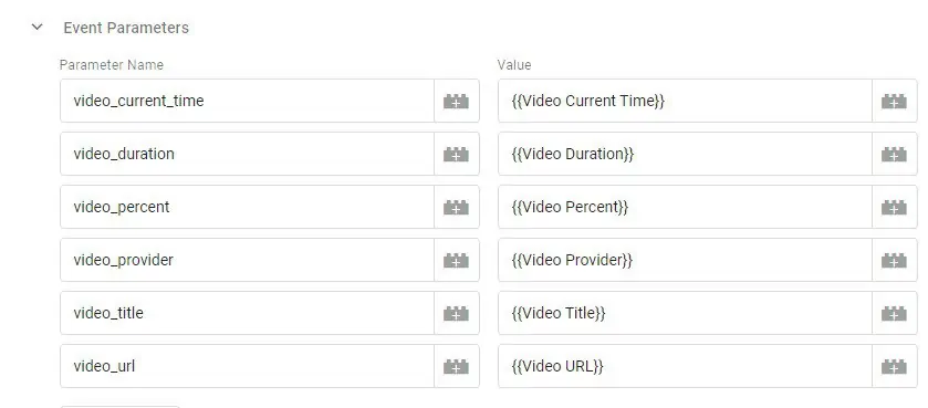 Full event parameters configuration for YouTube event tag