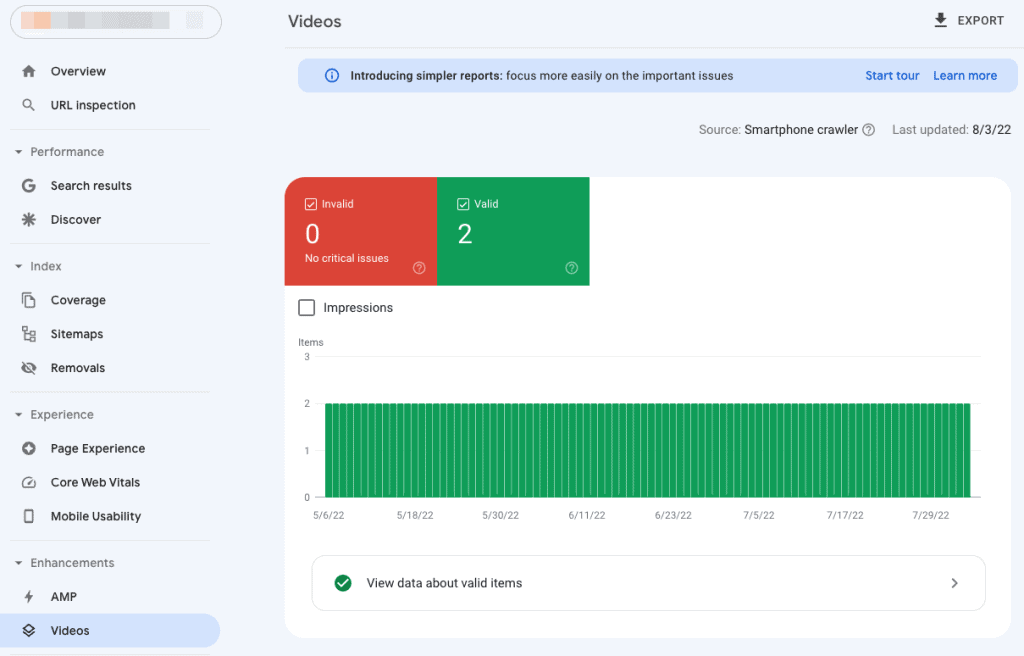 GSC showing videos section under Enhancements regarding performance