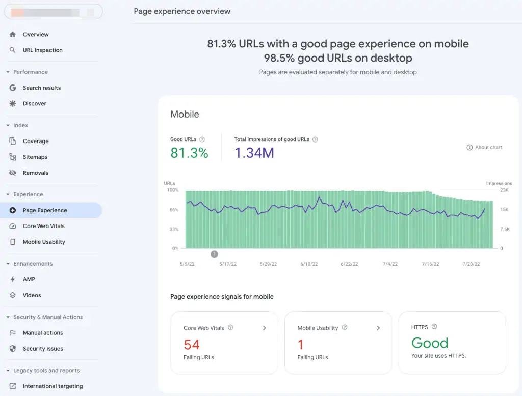 Page Experience report detailed in GSC showing good page experience, HTTPS issues, Core Web Vitals, and Mobile Usability errors