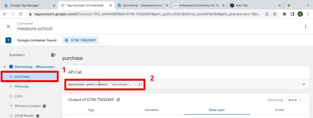 Purchase event showing in the Tag Assistant