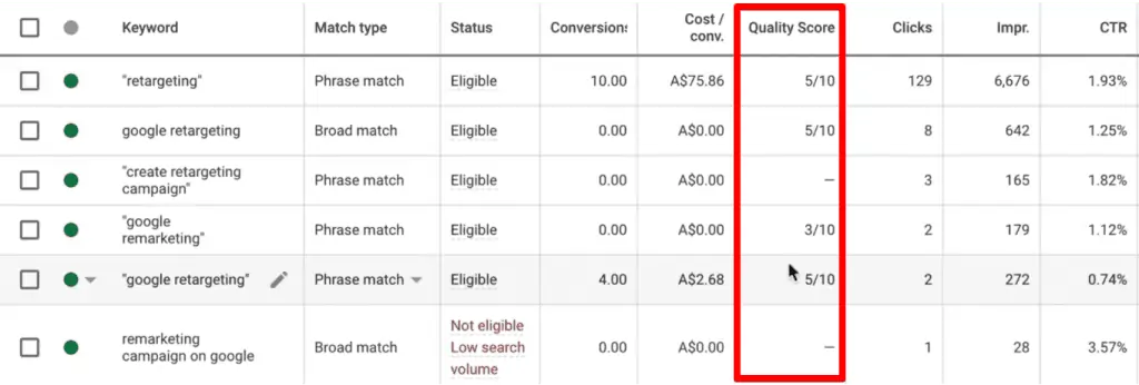 Quality score column in Google Ads