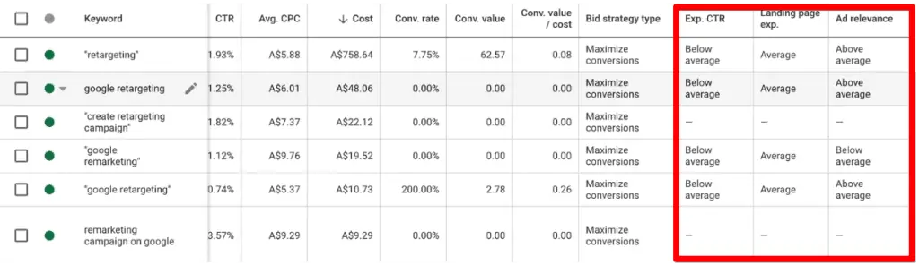 Quality score components columns in Google Ads