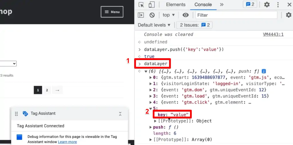 Sample key-value object successfully pushed to the Data Layer