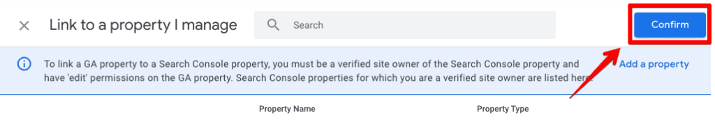 Search Console links setup interface after choosing the account to connect with GA4