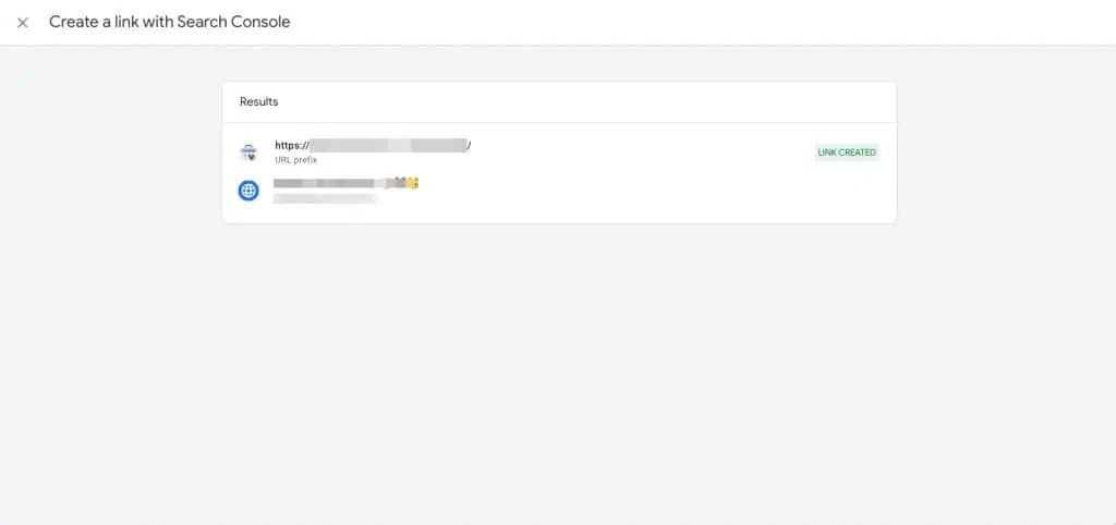 Search Console links setup interface showing Results after successfully linking GSC with GA4