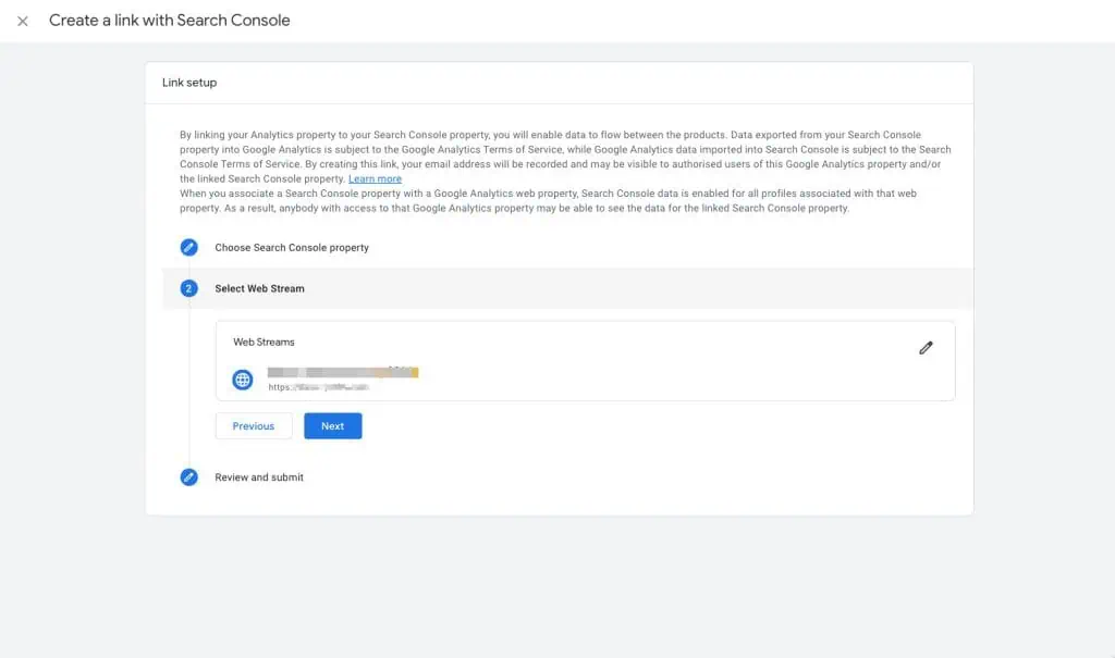 Search Console links setup interface showing the web stream to connect with your GSC property