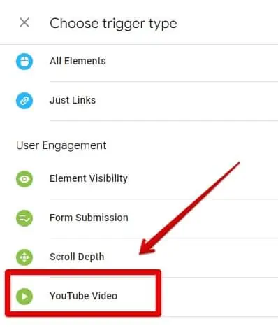 Selecting the Youtube video trigger type