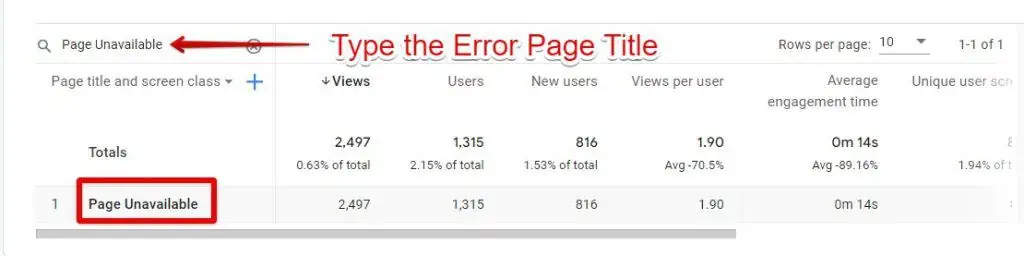 Typing the error page title in the pages and screens search bar