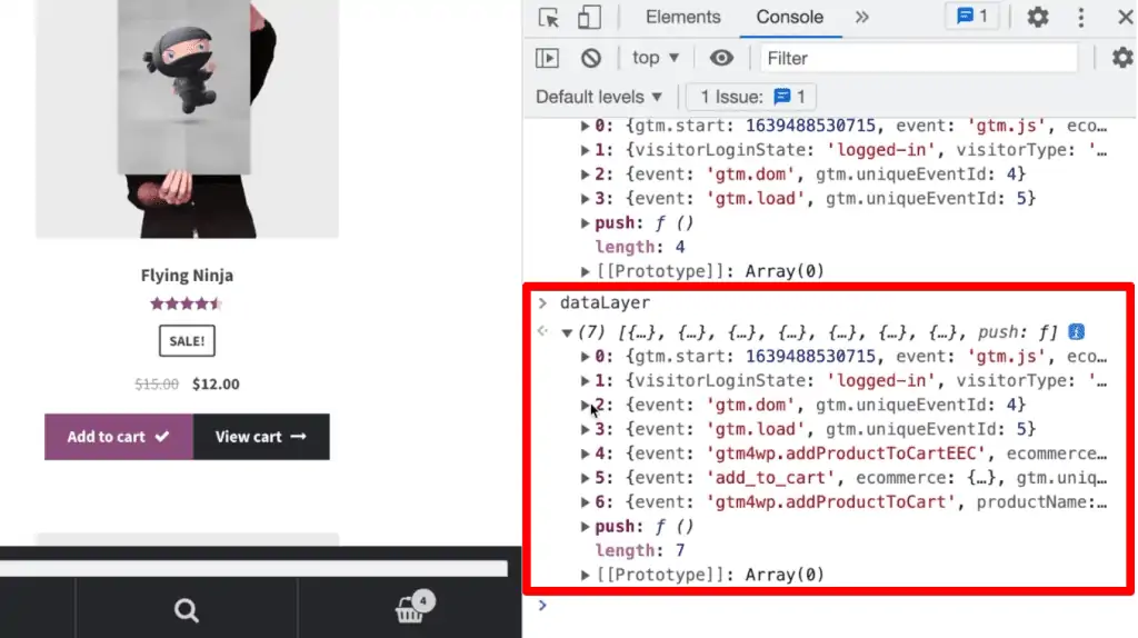 Updated Data Layer information containing the add-to-cart event