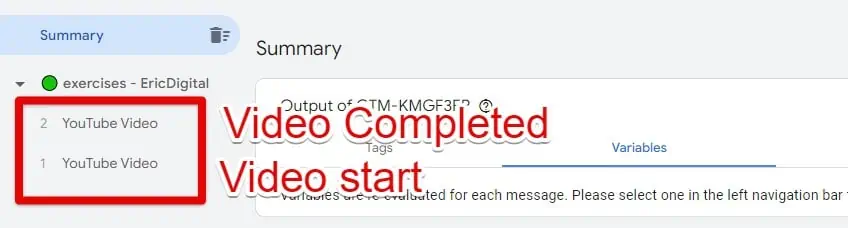YouTube video events in the debug summary