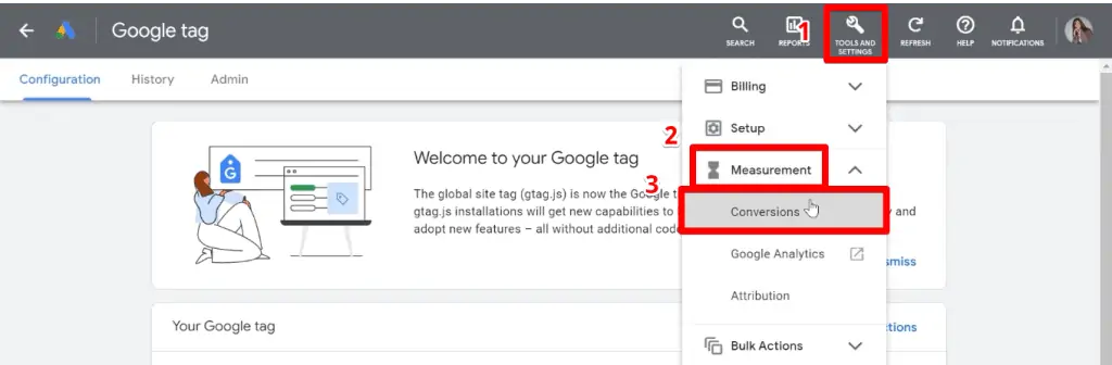 Accessing conversions settings