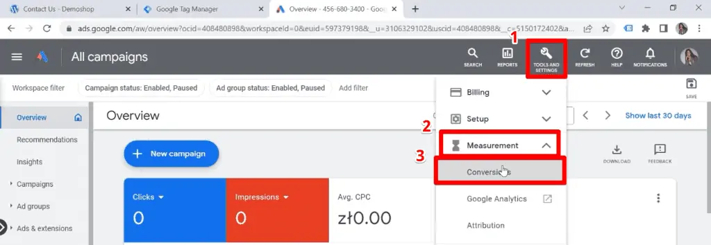 Accessing conversions settings in Google Ads