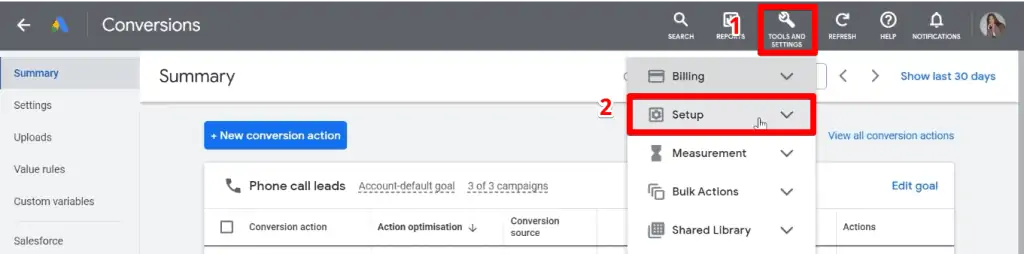 Accessing the Google Ads setup settings