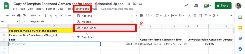 Accessing the Google Sheets apps script