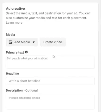 Ad creatives for creating an ad from scratch