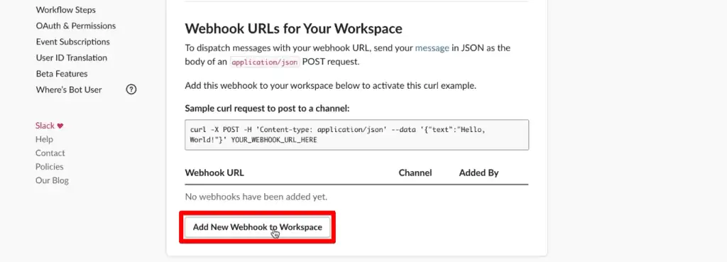 Adding a webhook to the workspace