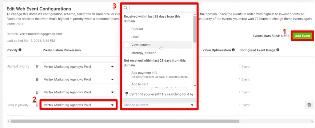 Adding an event in the web event configurations