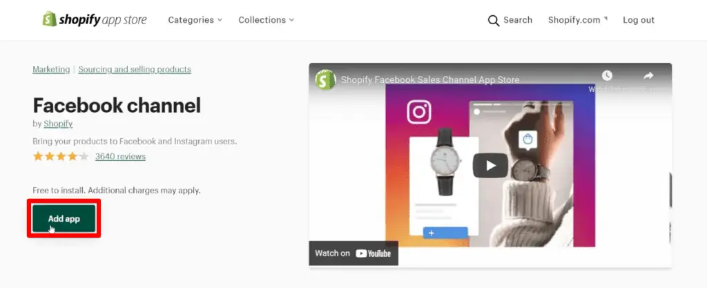 Adding the Facebook channel app from the Shopify app store