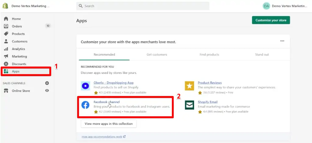 Adding the Facebook channel app from the apps tab