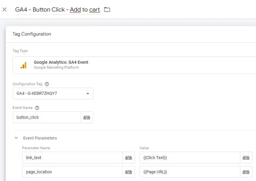 Button click tag name and event parameters