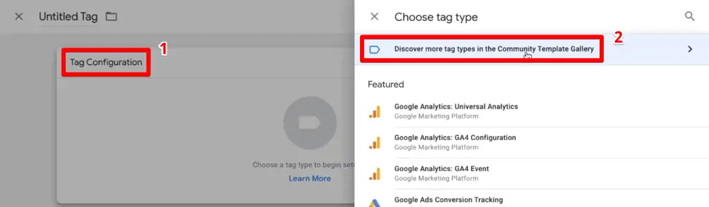 Choosing a tag type from the Community Template Gallery